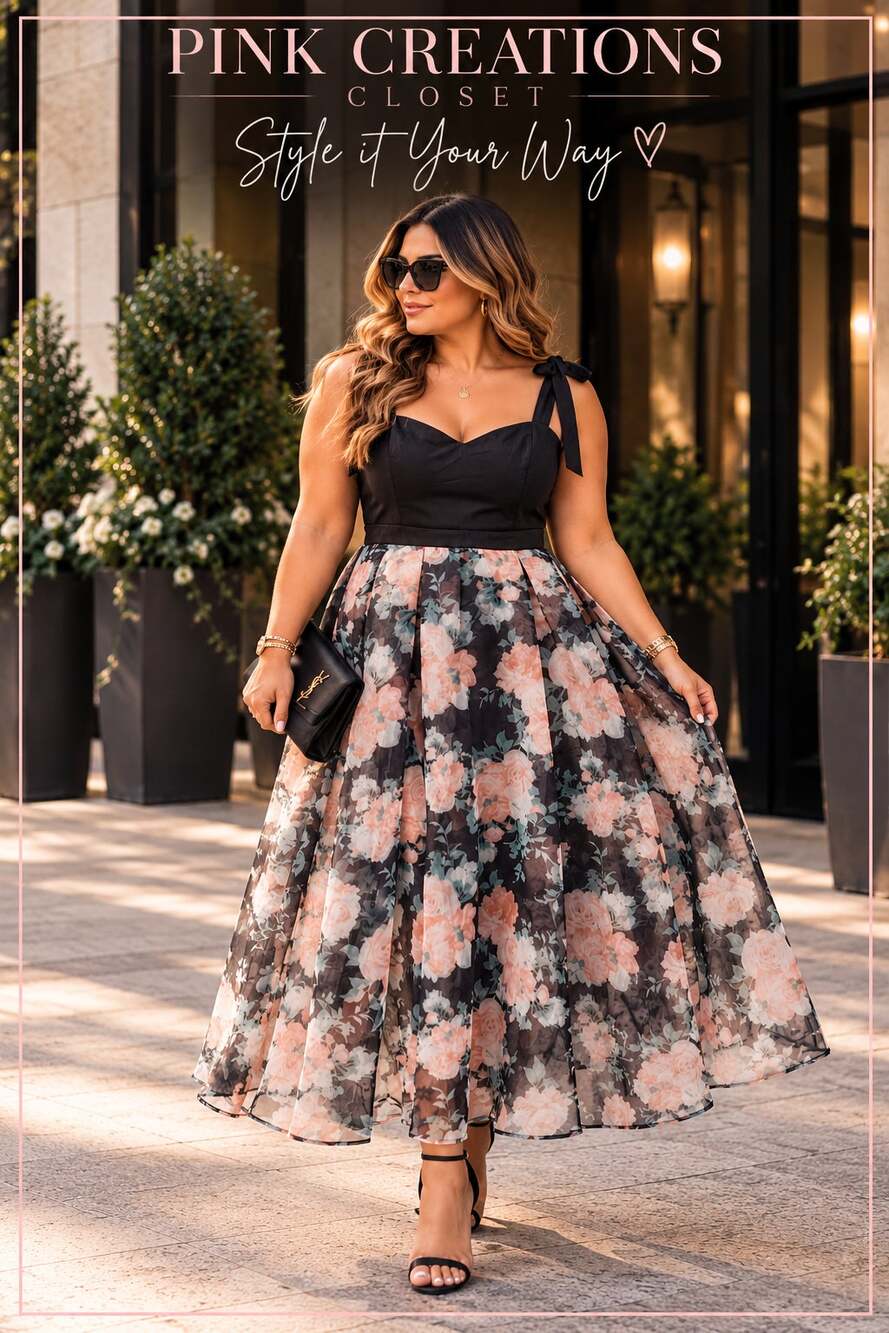 Lulus Black Blush Floral Tie-Strap A-Line Midi Dress Large